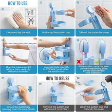 TAILI Double Layer Soap Dish Holder Suction Cup, Strong Sponge Holder for Shower, No Tools Soap Saver for Bathroom, Tub and Kitchen Sink, Shower Accessories, Drill-Free, Removable, Blue