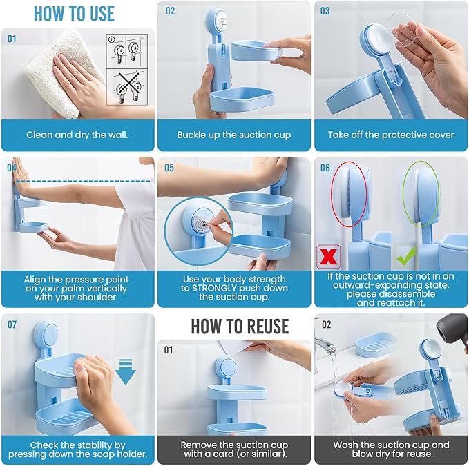 TAILI Double Layer Soap Dish Holder Suction Cup, Strong Sponge Holder for Shower, No Tools Soap Saver for Bathroom, Tub and Kitchen Sink, Shower Accessories, Drill-Free, Removable, Blue