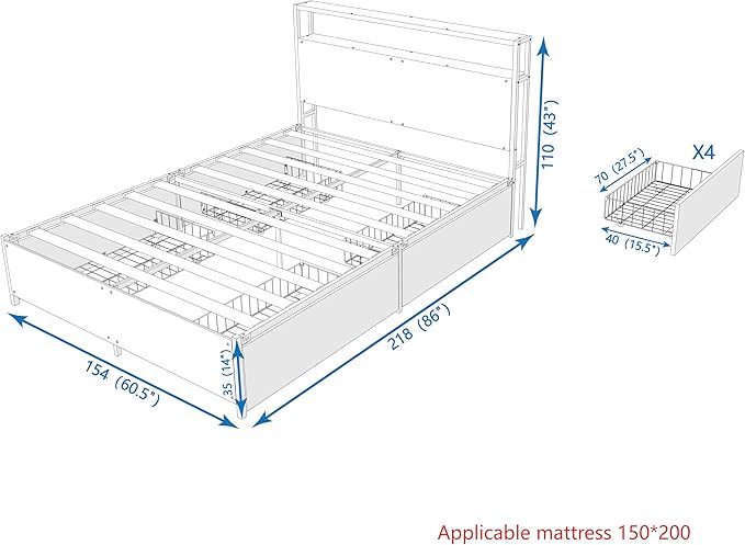 Panana 14 Inch Queen Size Bed Frame,Industrial Metal Platform Bed Frame with 2 Tier Storage Wooden Headboard and Footboard,4 Storage Drawers,No Box Spring Needed,Black&Grey