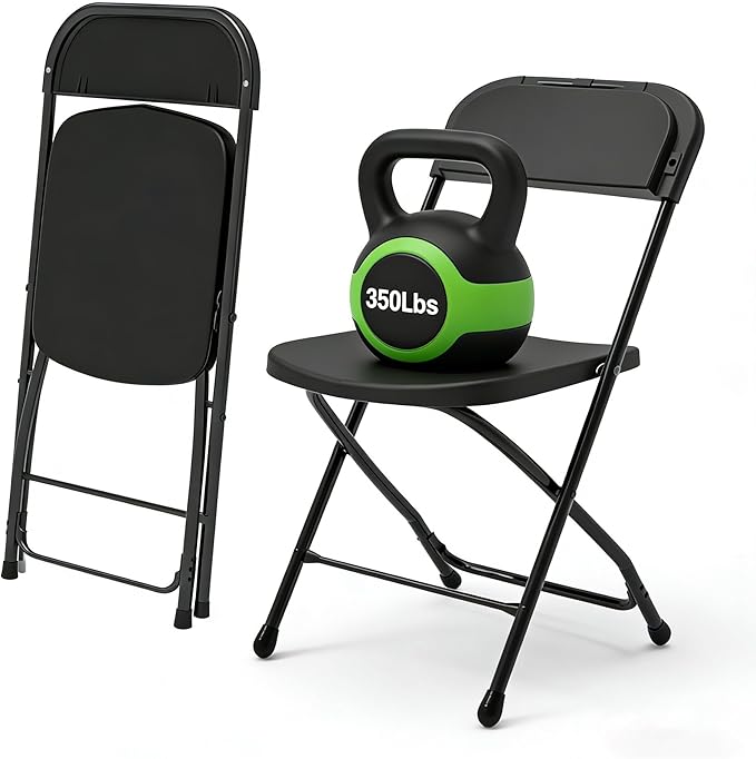SHGJ&SOFT 2 Pack Outdoor Folding Chairs, 350LBS Sturdy Metal Steel Frame Foldable Chairs, Heavy Duty Plastic Commercial Seating for Indoor, Party, Wedding, Patio, Office, Picnic (Black, 2-Pack)
