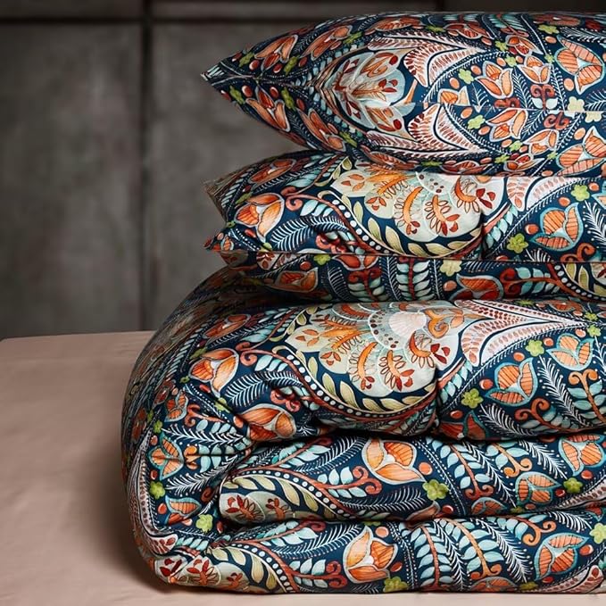 MKXI Blue Comforter Set Full Pink Paisley Patterned Floral Bedding Comforter Set Cute Full Size Boho Bed Comforter 80"x 90"