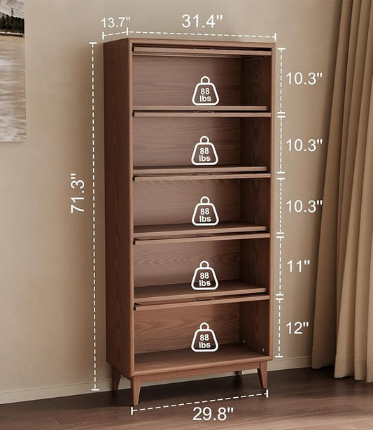 Solid Wood Book Case 5 Tier Bookcase with Tempered Clear Glass Flip-Up Doors Bookshelves Brown natural wood Bookshelf Versatile Pantry Cabinet with Storage Home Office (log color D14xW32xH72 inch)