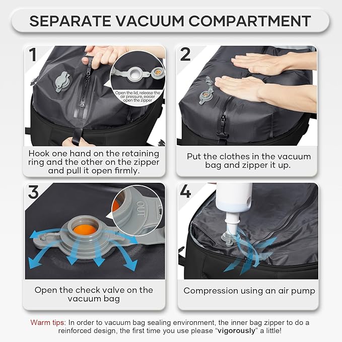 Vacuum Backpack Travel with Electric Vacpack Pump, Vacuum Compression Bags Travel Backpack for Women Men, Flight Approved Waterproof Carry on Backpacks Laptop Work Weekender Daypack, Medium,Black