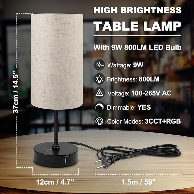 Unicozin Table Lamp Set of 2, 3 CCT 3000K/4500K/6500K & RGB Color Changing, Stepless Dimmable Small Bedside Lamp for Reading, Ambience Nightstand Light for Home Decor Party, Beige Shade