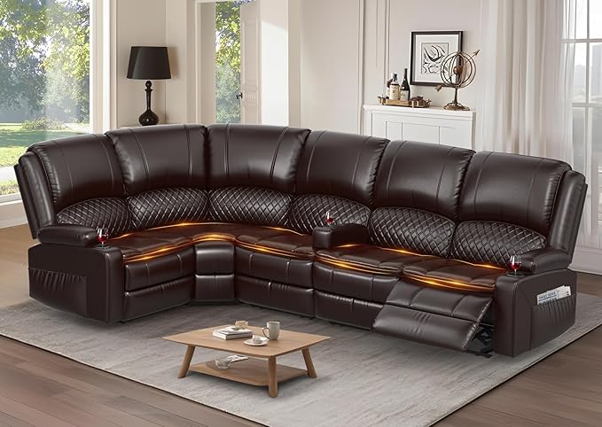 Manual Reclining Sectional Sofa Set, 5 Seats 1+1+3 Leather Reclining Corner Sectional Couch, Family-Sized L-Shaped Recliner Couch with USB Charging, Thickened Padding, Sturdy Frame, Brown