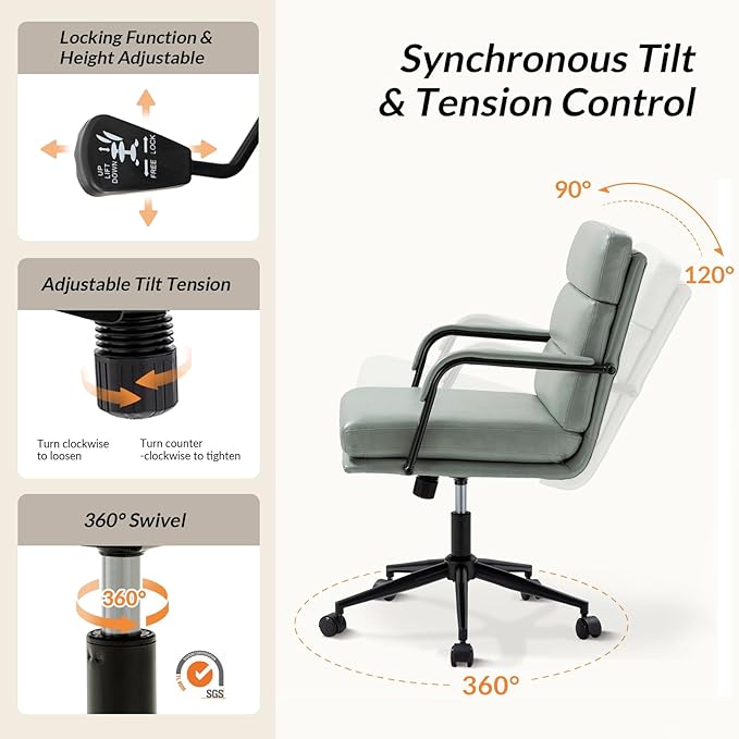 HULALA HOME Modern Faux Leather Home Office Chair with Tilt Lock & Metal Base, Desk Chair with Wheels & Padded Cushion, 360° Swivel Wide Seat Computer Task Chair, Sage