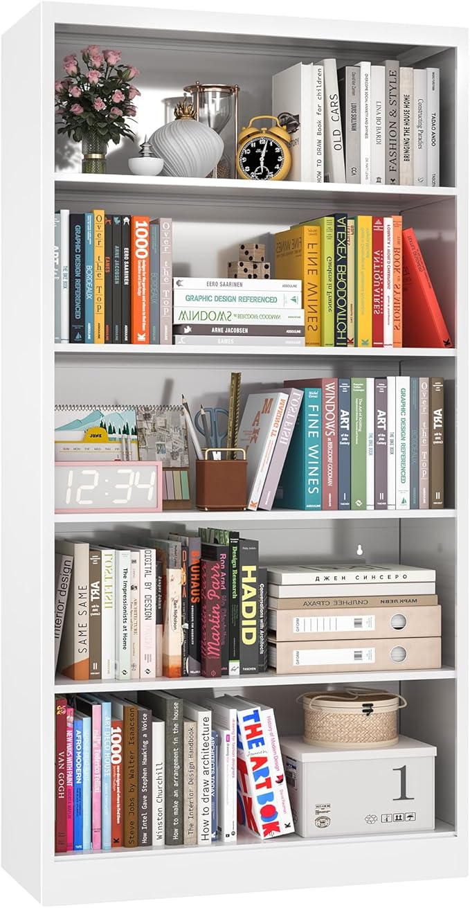 Bookcase,5 Tier White Bookshelves,55" Tall Free Standing Metal Bookcase with Adjustable Storage Shelves, Industrial Wide Bookshelf for Bedroom Living Room Home Office School (White)