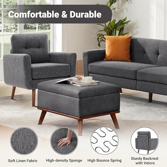 Tbfit Accent Chair, Reading Chair for Living Room & Bedroom, Mid Century Modern Arm Chair, Button Tufted Upholstered Accent Chairs Sofa with Solid Wood Frame, Grey