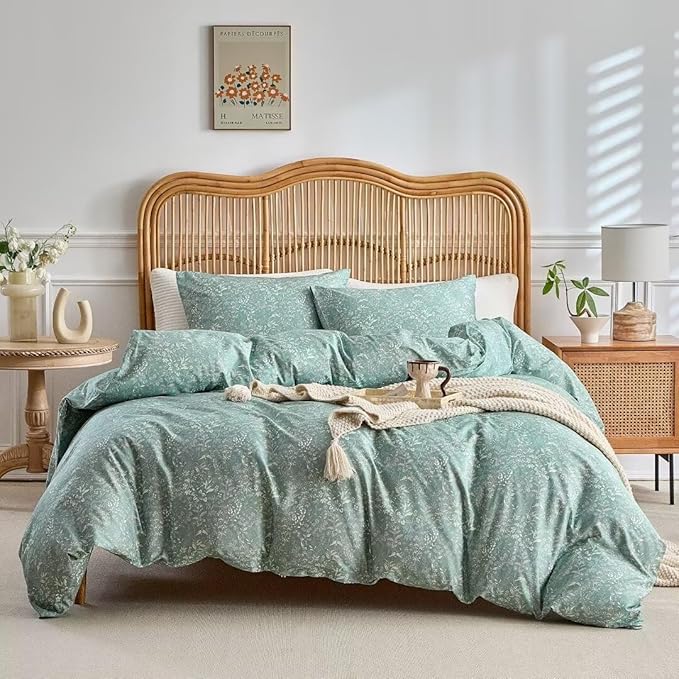 MKXI Vintage Style Comforter Set King Size Wildflower Comforter Set Floral Bedding Set Green Floral Duvet Comforter Microfiber Bed Set Soft Reversible Design Farmhouse Comforter
