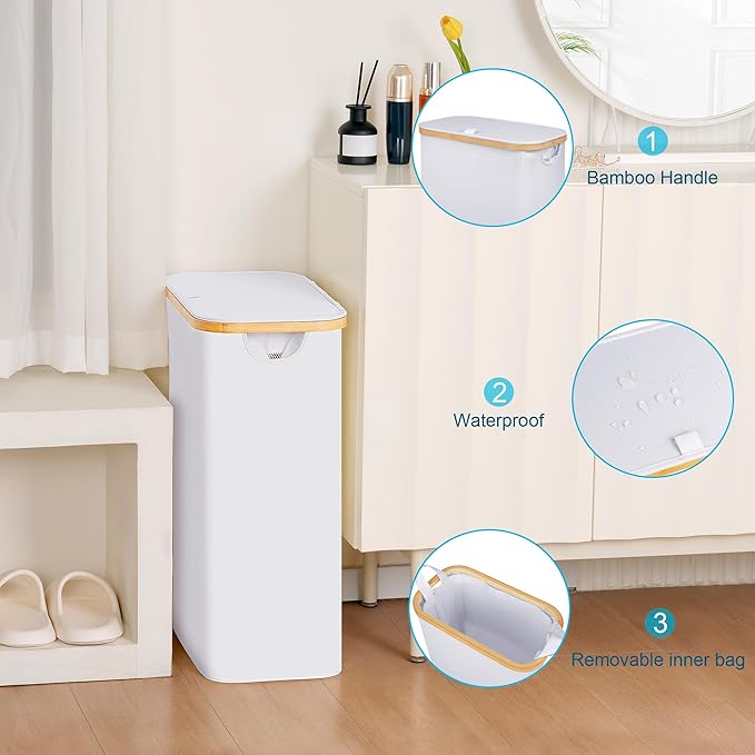 efluky Slim Laundry Basket with Lid, Narrow Laundry Hamper with Removable Bag, Skinny Dirty Clothes Basket with Bamboo Handles for Bathroom, Bedroom & Laundry Room, 65L White