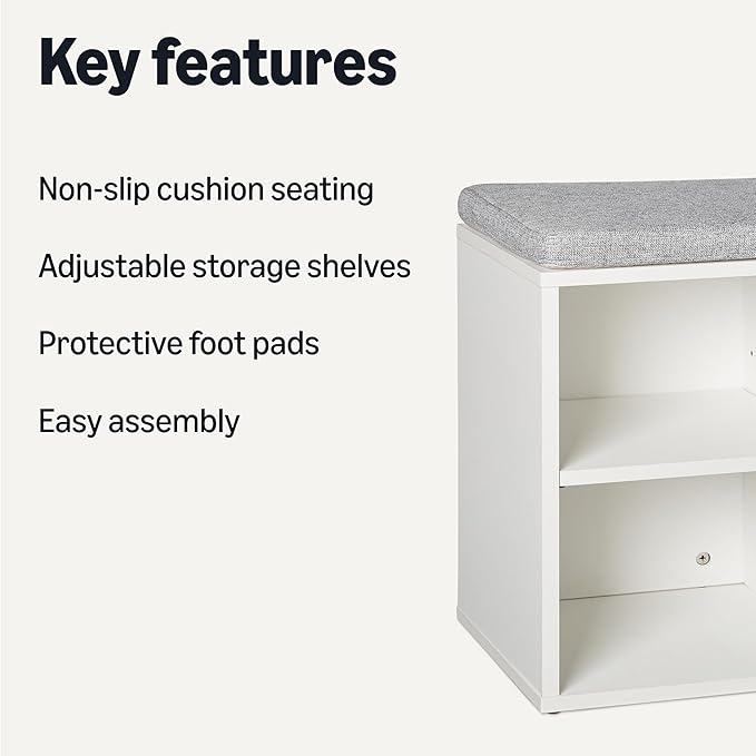 Amazon Basics Shoe Storage Bench with Cushion, Shoe Rack 6 Cubbies, Adjustable Shelves, White