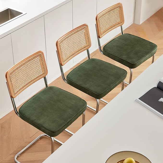 Natural Rattan Bar Stools Set of 3 with Solid Wood Back, 24 Inch Mid Century Modern Counter Height Stools, Green Upholstery Boho Stool for Kitchen Counter with Chrome Metal Legs