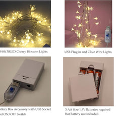 Fairy Flower String Lights Battery USB Operated, 10ft 30 LED Decorative Cute Cherry Blossom Floral Lamp for Bedroom, Christmas, Parties, Wedding, Centerpiece, Dorm Indoor Decoration (Warm White)