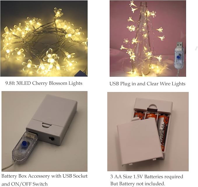 Fairy Flower String Lights Battery USB Operated, 10ft 30 LED Decorative Cute Cherry Blossom Floral Lamp for Bedroom, Christmas, Parties, Wedding, Centerpiece, Dorm Indoor Decoration (Warm White)