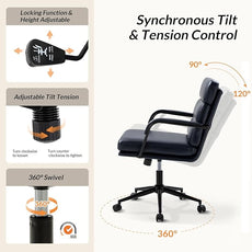 HULALA HOME Modern Faux Leather Home Office Chair with Tilt Lock & Metal Base, Desk Chair with Wheels & Padded Cushion, 360° Swivel Wide Seat Computer Task Chair, Navy