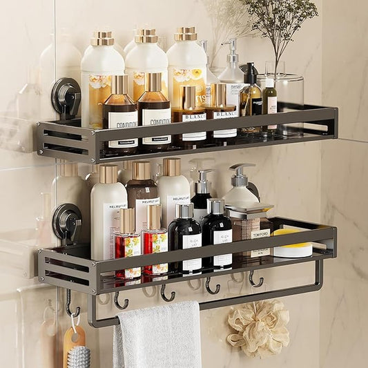 Shower Caddy Suction Cup, 11.8 inch 2 Pack Suction Shower Shelf with Hooks NO-Drilling Bathroom Holder, Rustproof Bathroom Organizer, Dark Grey