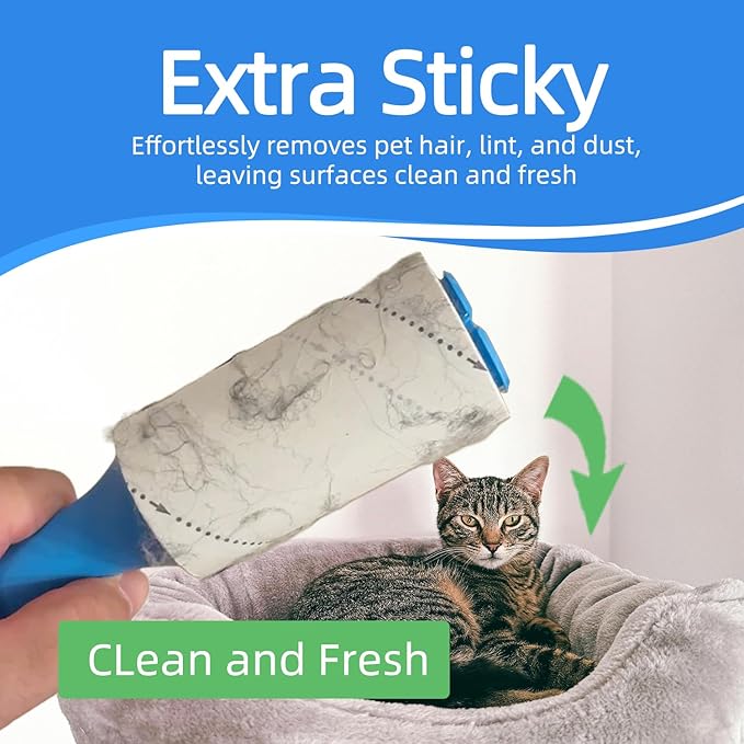 Extra Sticky Pet Hair Remover Lint Roller, 4 Refills (360 Sheets) + 2 Handles, Easy Tear No Residue for Clothes, Couch, Furniture and Car Seats