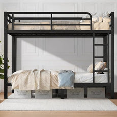 Twin Over Twin Bunk Bed, Metal Bunk Bed Frame Heavy Duty Bunk Beds Loft Bed Frame with Ladder and Guardrail Metal Slats No Box Spring Required for Adults Teens, Black