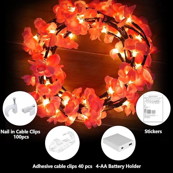 Cherry Enchanted Willow Vine Lights 7.55FT 144LED Pink Cherry Blossom Tree Branch Lights for Wall, Remote Timer,8 Light Model,Bedroom Wall Doors Wedding, Christmas, USB Battery Box