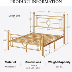SHA CERLIN 14 Inches Queen Size Metal Platform Bed Frame/Vintage Iron-Art Headboard and Footboard/Mattress Foundation for Storage/No Box Spring Needed/Noise-Free/Easy Assembly/Gold