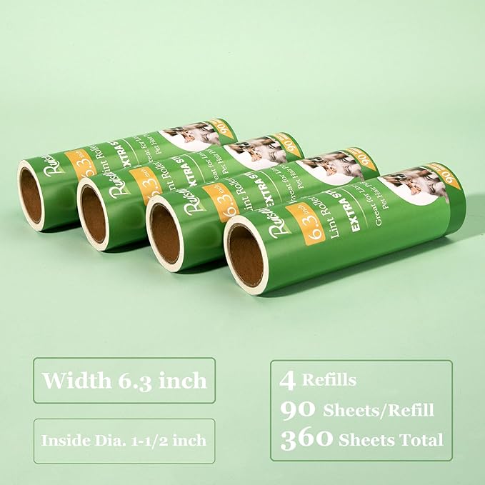 6.3 inch Lint Roller Refills Only for 6.3'' Large Lint Rollers Extra Sticky Lint Pet Hair 6.3 inch Replacement Rolls, Pack of 4 Refills, 90 Sheets per Refill, 360 Sheets Total