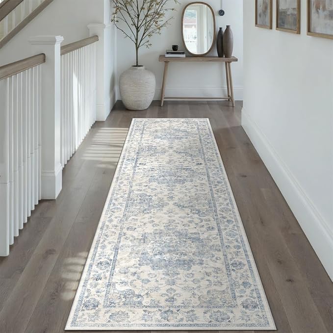 3x8 Washable Neutral Runner Rug Blue Vintage Hallway Kitchen Carpet Non-Slip Soft Low Pile Floral Throw Rug for Bedroom Bathroom Laundry Living Room
