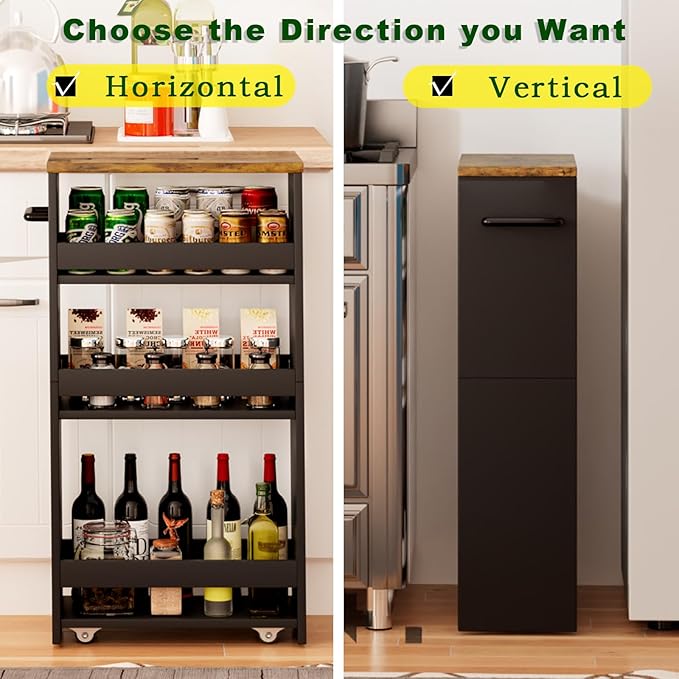 TEAMIX 4 Tier Slim Storage Cart with Handle, Slide Out Storage Rolling Utility Cart Mobile Shelving Unit Organizer Trolley for Small Spaces Kitchen Laundry Narrow Places (Black+Brown, 7-7/8'' W)