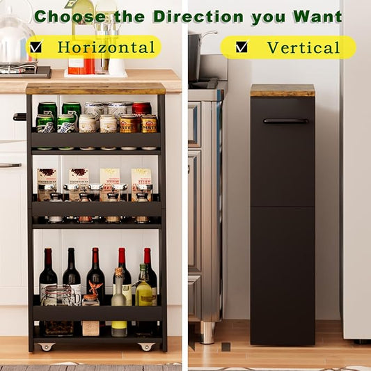 TEAMIX 4 Tier Slim Storage Cart with Handle, Slide Out Storage Rolling Utility Cart Mobile Shelving Unit Organizer Trolley for Small Spaces Kitchen Laundry Narrow Places (Black+Brown, 7-7/8'' W)