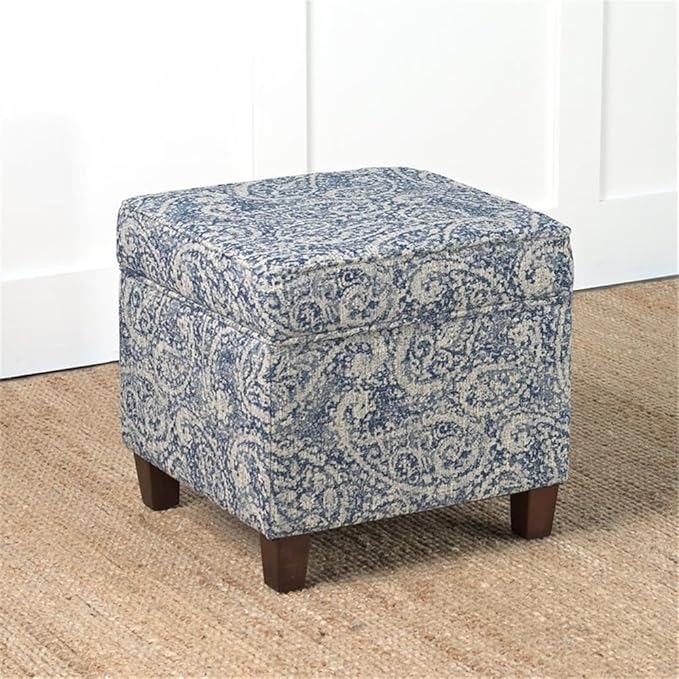 Homepop Home Décor|K7342-F2214|Classic Square Storage Ottoman with Lift Off Lid | Ottoman with Storage for Living Room & Bedroom, Gray Paisley Blue