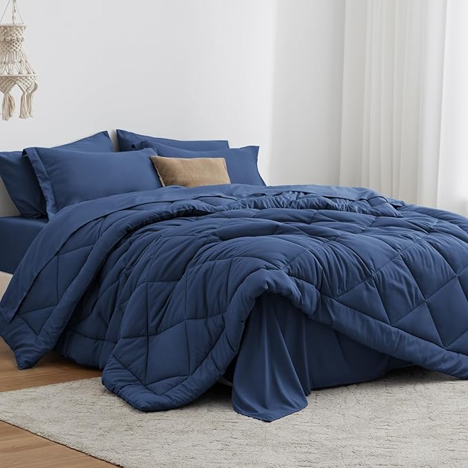 Love's cabin Twin Comforter Set Dark Blue, 5 Pieces Twin Bed in a Bag, All Season Bedding Sets with 1 Comforter, 1 Flat Sheet, 1 Fitted Sheet, 1 Pillowcase and 1 Pillow Sham