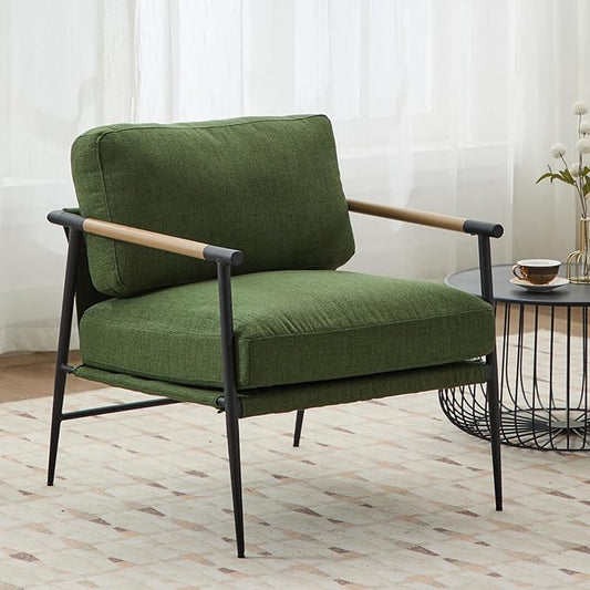 Mid-Century Accent Chair, Soft Armchair Linen Fabric Lounge Chair with Black Metal Legs, Upholstered Leisure Chair for Living Room Reception Room, 1PC, Green