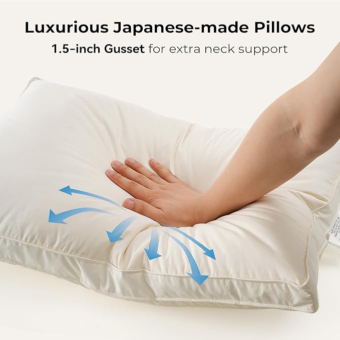 UNIKOME White Goose Down Feather Gusseted Pillows - 100% Organic Cotton Cover - King Size Pillow Set of 2, Made in Japan Pillow for Sleeping