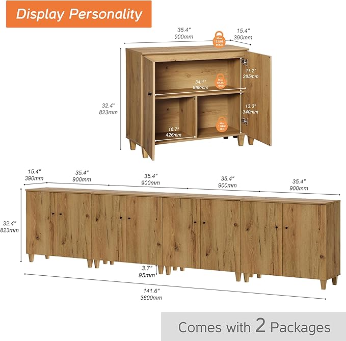 WAMPAT Storage Cabinets with Doors, Set of 4 Wood Sideboards Extra Wide Buffet Storage Cabinets, Accent Cabinets with 12 Compartments for Living Room, Dining Room, Kitchen, 2 Packs, Rustic Oak Brown