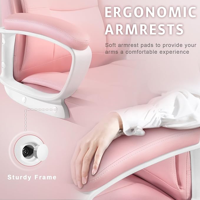 LEMBERI Office Desk Chair, High Back Executive Computer Chair, Ergonomic Big and Tall Adjustable PU Leather Chairs with Padded Armrest for Long Time Sitting, Pink