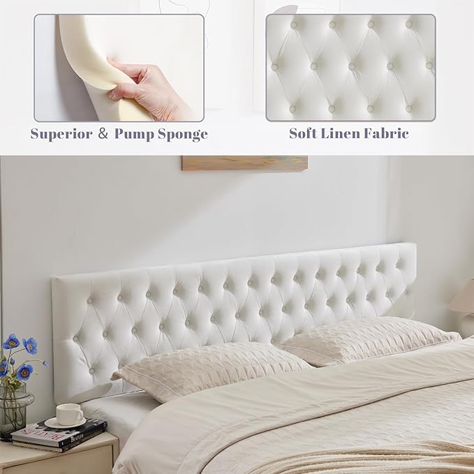 Kingfun Tufted Upholstered Twin Size Velvet Headboard in Modern Button Design, Adjustable Solid Wood Head Board, Premium Sponge Padded Headboards in Bedroom (White)
