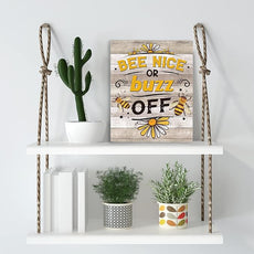YCYD Bee Decor Bee Nice Or Buzz Off Wooden Hanging Sign, Rustic Farmhouse living room Decorations for Home Kitchen Wall Art Sign 10x8 Inches Inspirational Gift for Bee Farm Owners