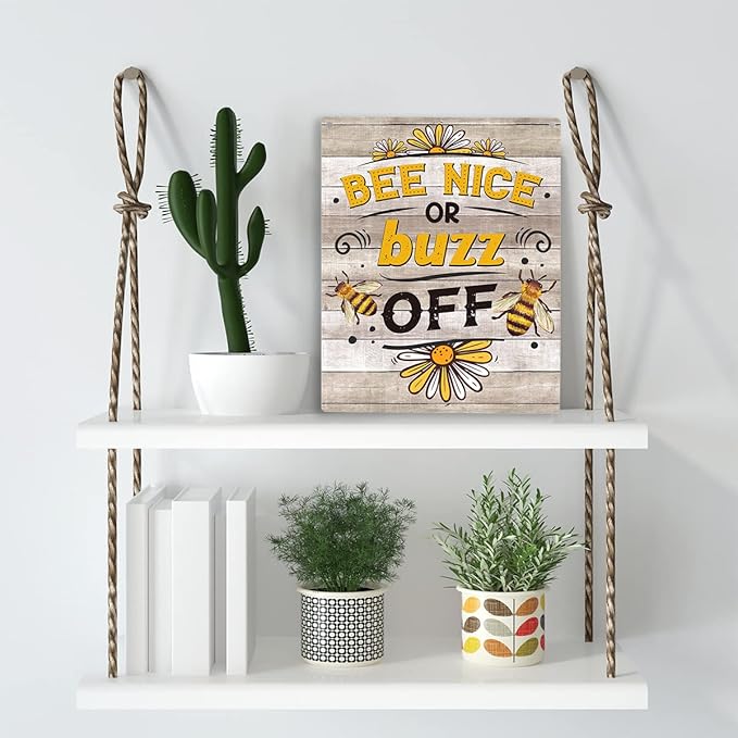 YCYD Bee Decor Bee Nice Or Buzz Off Wooden Hanging Sign, Rustic Farmhouse living room Decorations for Home Kitchen Wall Art Sign 10x8 Inches Inspirational Gift for Bee Farm Owners