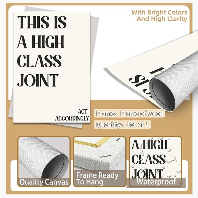 Minimalist This Is A High Class Joint Poster Funny Quote Wall Art Modern Black and White Decor Trendy Typography Canvas Prints for Girls Dorm Apartment Living Room Bedroom Aesthetic 16x24in Framed