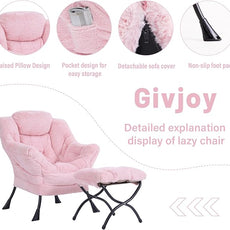 Plush Lazy Chair and Ottoman, Large Contemporary Accent Lounge Chair with Armrests and a Side Pocket, Modern Leisure Upholstered Sofa Reading Armchair with Footrest for Bedroom, Living Room