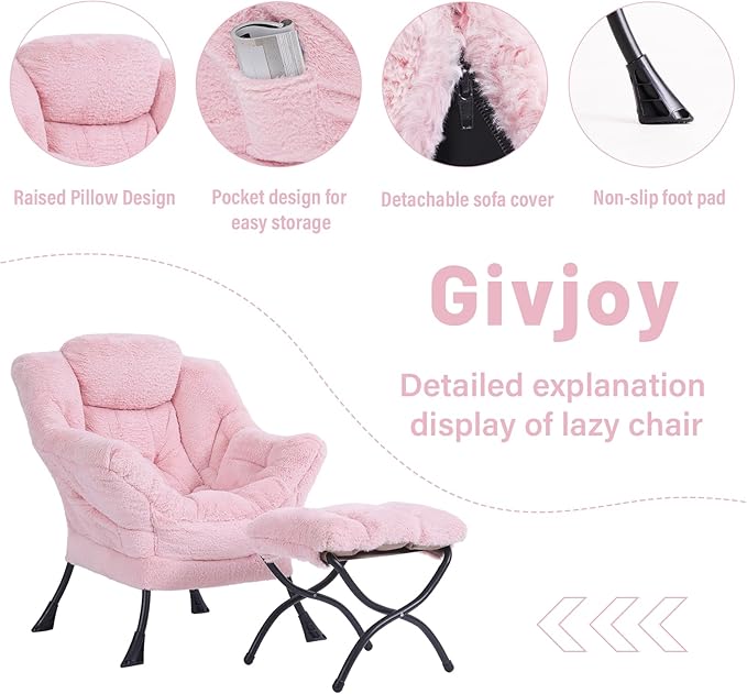 Plush Lazy Chair and Ottoman, Large Contemporary Accent Lounge Chair with Armrests and a Side Pocket, Modern Leisure Upholstered Sofa Reading Armchair with Footrest for Bedroom, Living Room