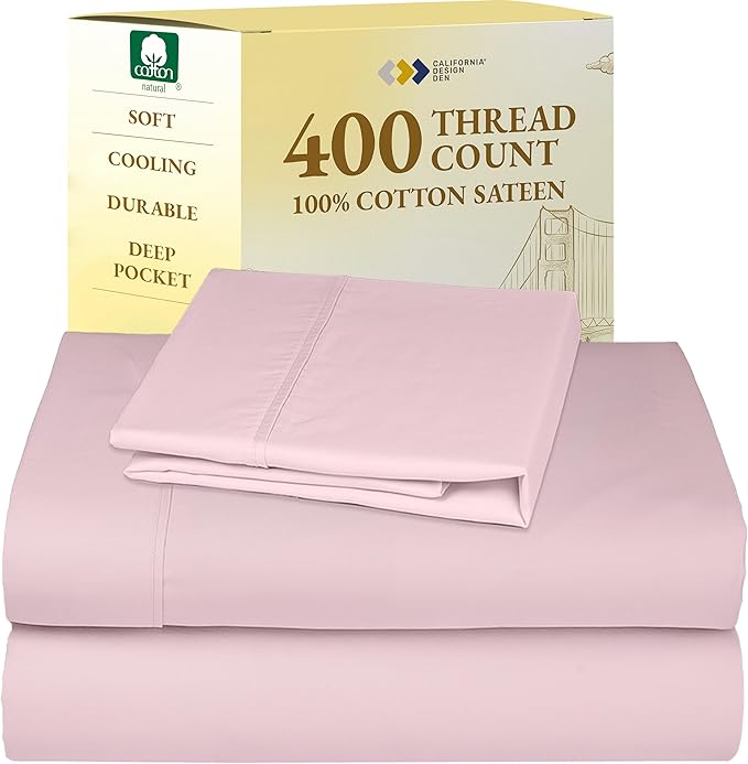 California Design Den Soft Twin Sheets Set - 400 Thread Count Sateen, 100% Cotton Sheets, Deep Pockets, and Durable Bedding Set for Dorm Rooms & Adults - Pink
