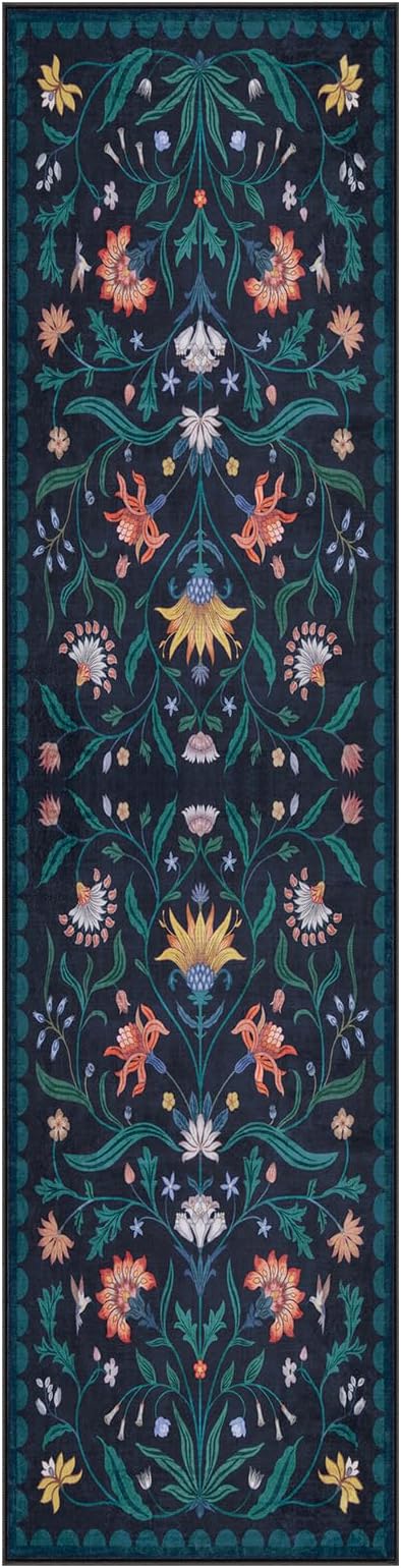 Lahome Boho Floral 2'6"x8' Washable Runners for Hallways, Kitchen Runner Rugs Non Skid Ultra-Thin, Soft Bathroom Rug Throw Carpet Runners for Bedroom Laundry Room (Dark Blue,2'6"x8ft)