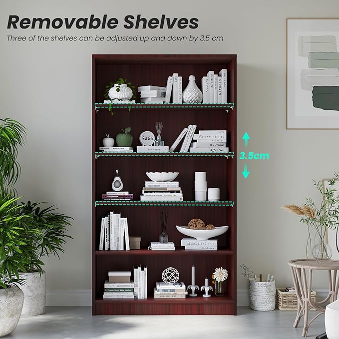 Farini 5 Shelf boockase Display Bookcase Freestanding Wooden Bookshelves for Home Office Living Room,60 Inch Height,Mahogany
