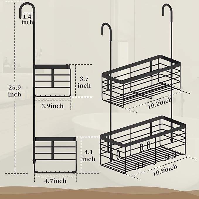 DELLAN 2-Tier Shower Hanging Caddy, Shower Rack with Hooks Over the Door, Stainless Steel Hanging Orangizer and Basket (Black)