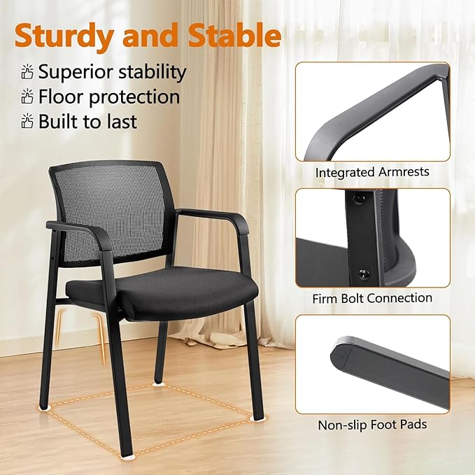 CLATINA Mesh Back Stacking Arm Chairs with Upholstered Fabric Seat and Ergonomic Lumbar Support for Office School Church Guest Reception Black 8 Pack Set New Version