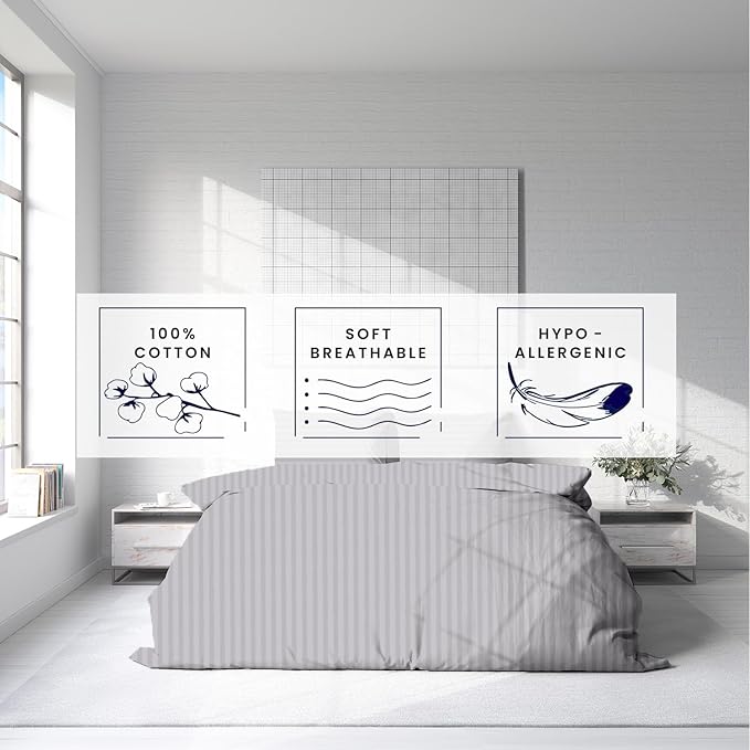 Kotton Culture 3 Pc Twin Size Duvet Cover Set- 100% Egyptian Cotton Sateen 600 TC Ultra Soft Premium Durable Comforter Cover Zipper Closure & Corner Ties (Striped Silver, Twin/Twin XL 68" X 90")
