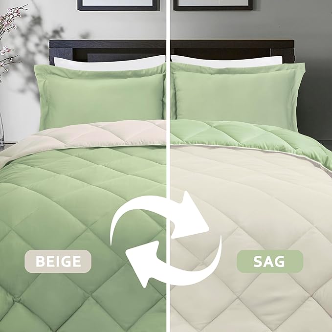HIG 3pc Sage Green Twin/Twin XL Comforter Set - All Season Reversible Down Alternative Comforter with Sham - Quilted Duvet Insert with Corner Tabs - Diamond Stitched Blanket - Breathable, Soft, Fluffy