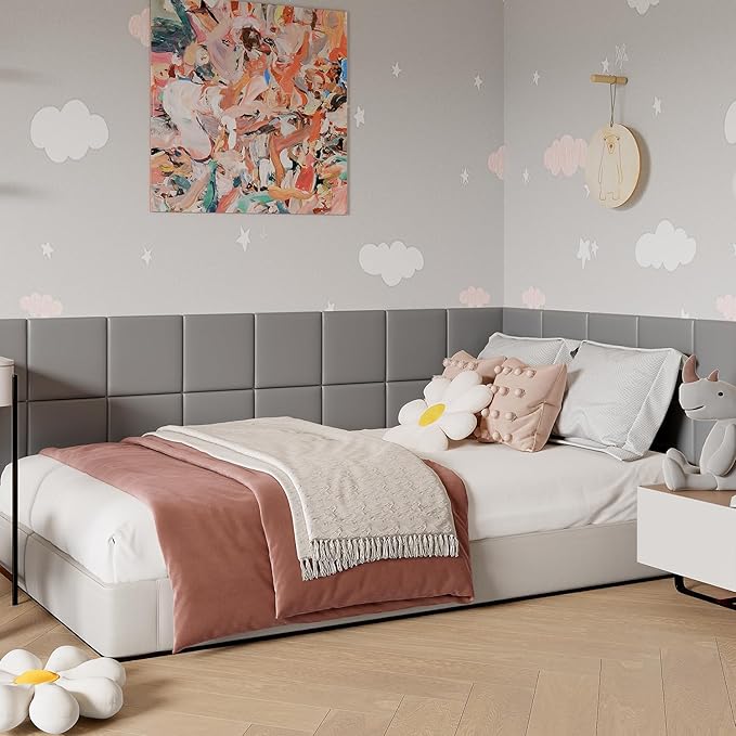 Yutianli 3D Anti-Collision Wall Padding for Kids Peel and Stick Headboard Wall Panels Pack of 10 Sized 11.8"x 11.8" Grey Self-Adhesive Panels for Playroom Bedroom Upholstered Wall