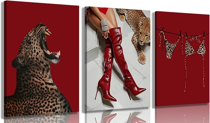 XLYFVLGF 3Pcs Red Fashion Leopard Canvas Wall Art Cheetah Wall Decor Pictures Stylish long boots print Bikini Painting Artwork for Living Room Bedroom Bathroom Corridor Home Decoration 12x16in