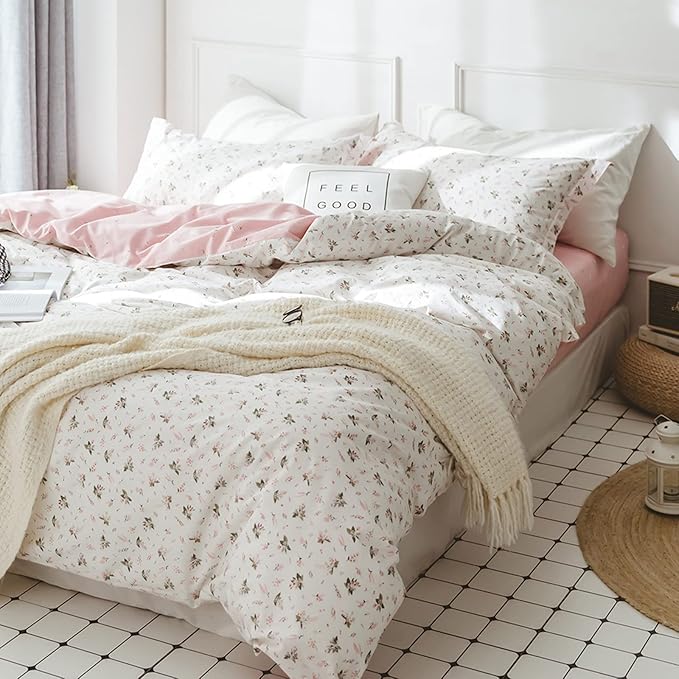 HighBuy Floral Girl Duvet Cover Twin XL Size Cotton White Pink Coquette Bedding Comforter Covers Twin XL Bedding Set Lightweight Soft Aesthetic Garden Style with Zipper Closure for Children